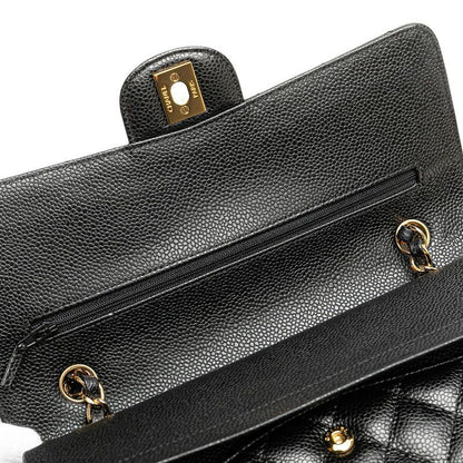 Chanel Matelasse 25 Coco Mark Double Flap Chain Shoulder Bag Black Caviar Skin