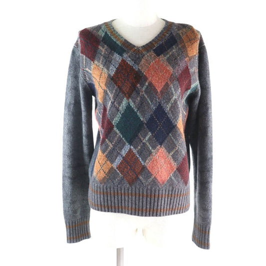 Christian DIOR 100% Cashmere Bee Embroidery Argyle Pattern V-neck Long Sleeves