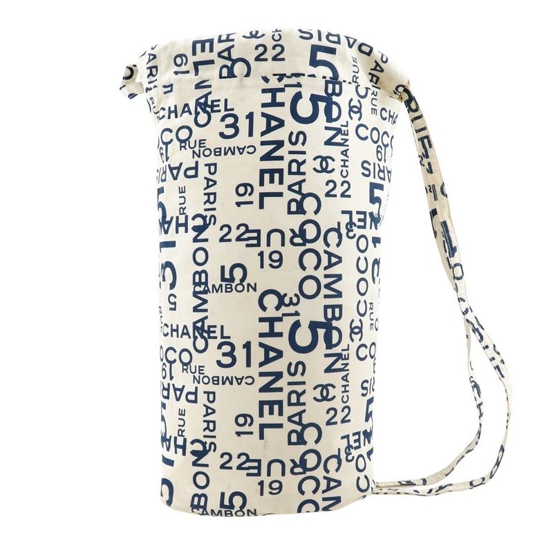 Chanel Beach Bag Vichy Line Logo Cotton White Women's Shoulder Bag