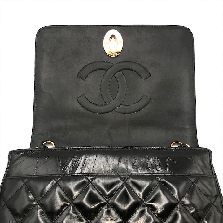 Chanel CC Logo Quilted Calf Enamel Full Flap Chain Shoulder Bag Black