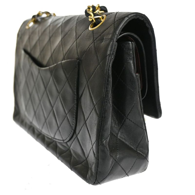 Chanel Matelasse Double Flap Chain Shoulder Bag Black Gold Hardware 898bs154