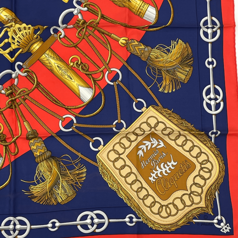 Hermes Scarf Carre 90 Cliquetis Camicie Sword Pattern Navy Red Gold Silk
