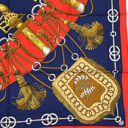 Hermes Scarf Carre 90 Cliquetis Camicie Sword Pattern Navy Red Gold Silk