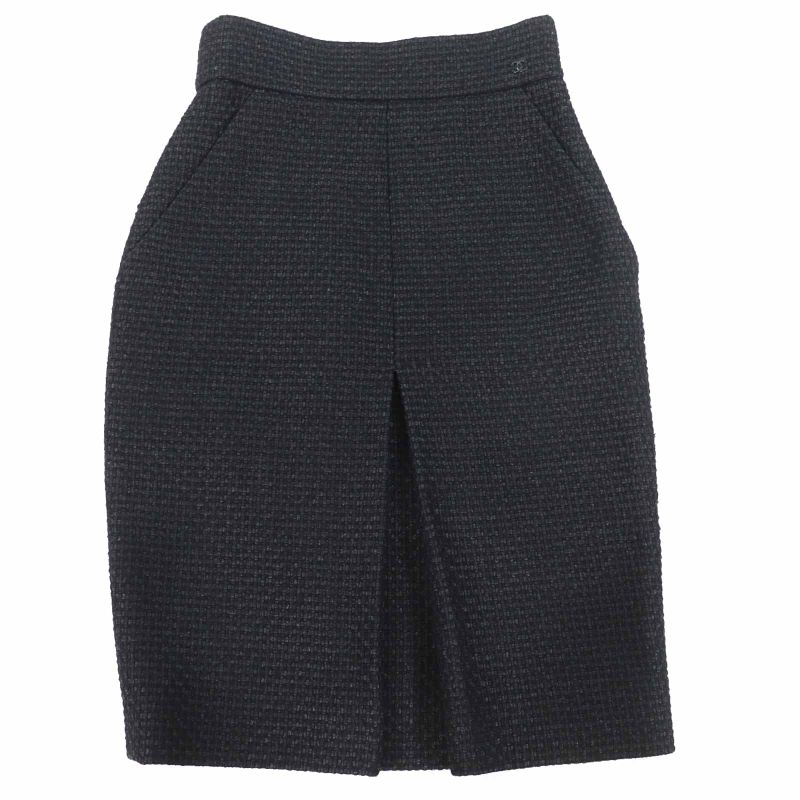 CHANEL P36751 Tweed Below-knee Tight Skirt With Coco Mark Black 36 Made In