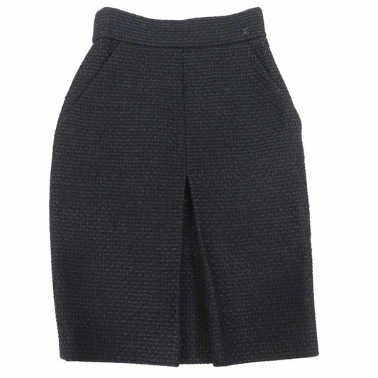 CHANEL P36751 Tweed Below-knee Tight Skirt With Coco Mark Black 36 Made In