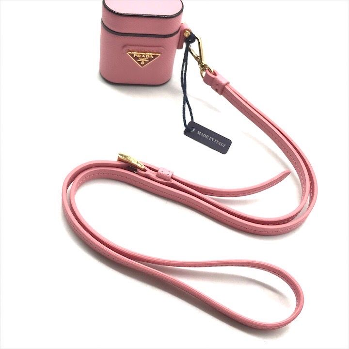 Prada Air Pods Case Triangle Logo Saffiano Leather Strap Pink Shoulder Bag