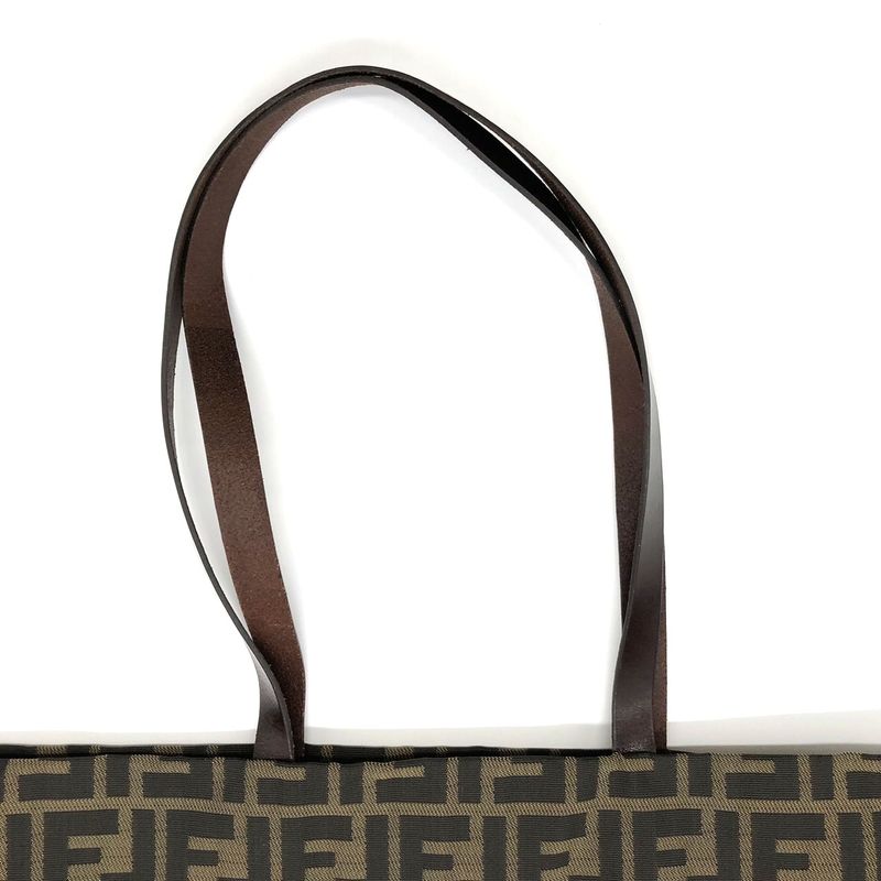 Fendi 71 15978 Tote Shopping Bag Zucca Nylon Canvas Vintage Leather Brown Khaki