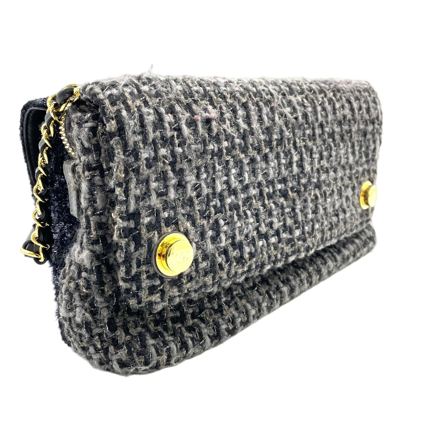 Chanel CC Logo Tweed Leather Gray Black Chain Shoulder Bag Gold — view 2