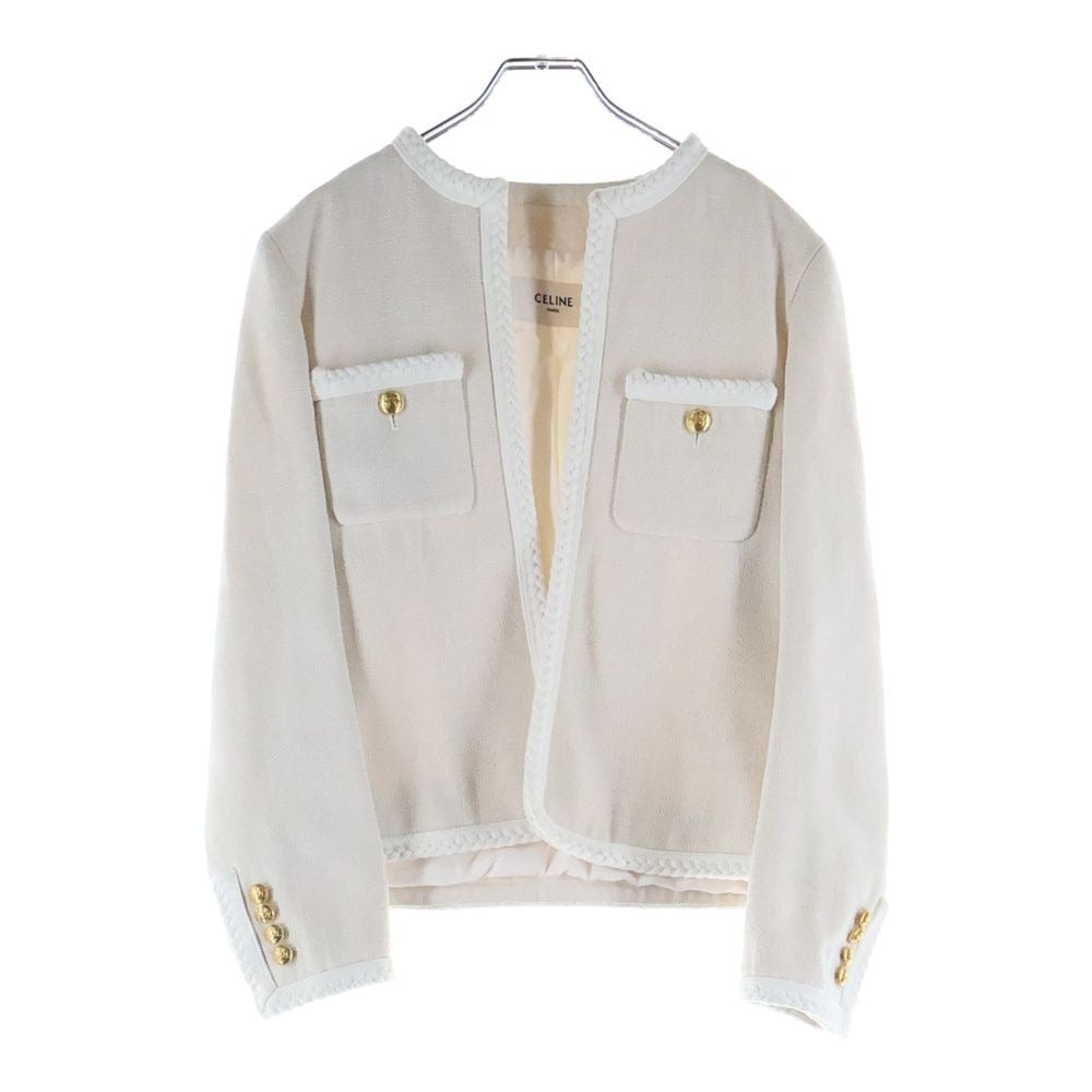 Celine Tweed Collarless Jacket White