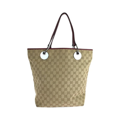 Gucci Beige Red Silver Hardware GG Canvas Tote Bag Handbag