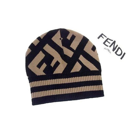 Fendi Zucca Pattern Wool Rayon Beanie Knit Cap Hat Brown Black