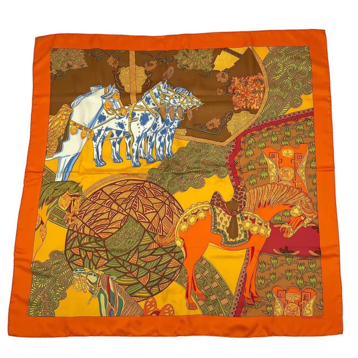 Hermes Carre 90 Art Des Steppes Step Scarf Silk Orange