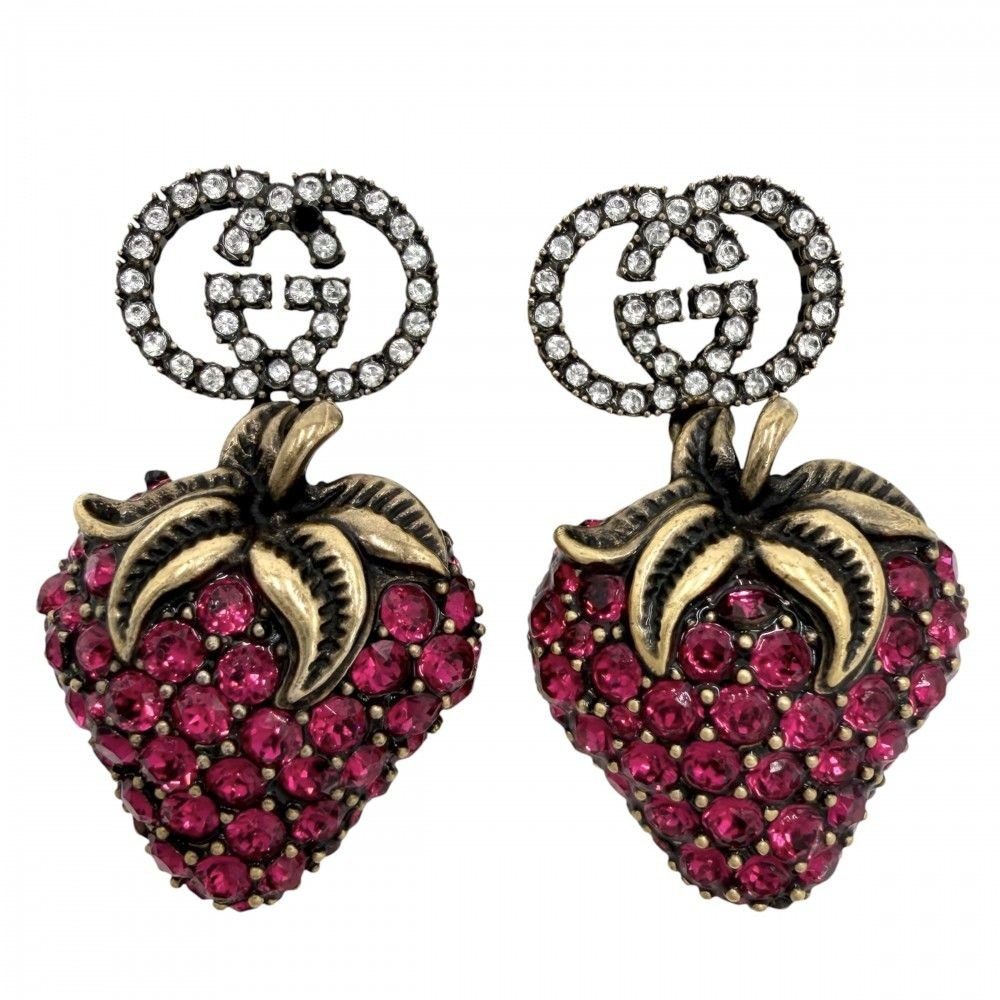 Gucci Earrings Strawberry Motif Interlocking Line Stone Pink Gold
