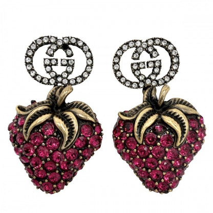 Gucci Earrings Strawberry Motif Interlocking Line Stone Pink Gold