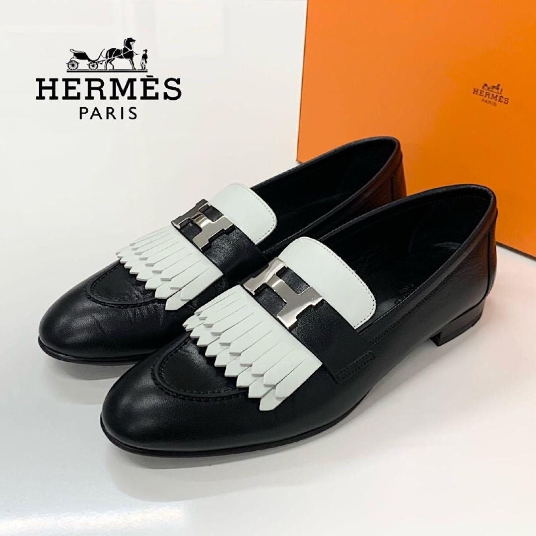 Hermes Royale Leather Hhardware Fringe Loafers Black White