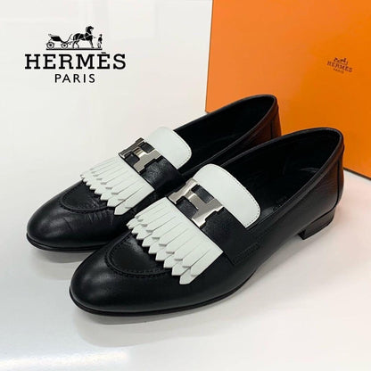 Hermes Royale Leather Hhardware Fringe Loafers Black White