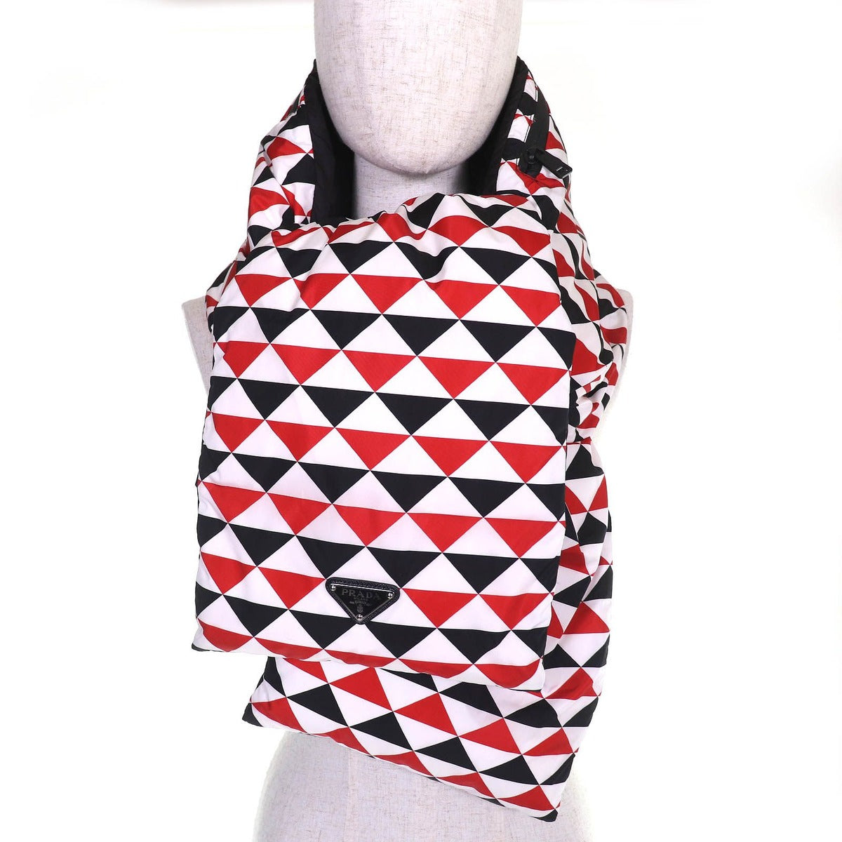Prada Triangle Logo Hooded All Over Pattern Re-Nylon Down Scarf Red Hoodie — view 3