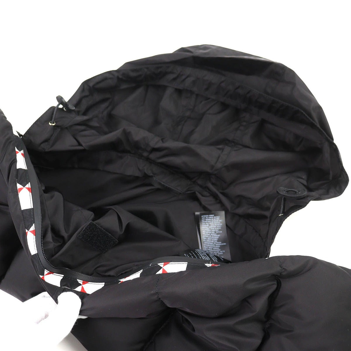 Prada Triangle Logo Hooded All Over Pattern Re-Nylon Down Scarf Red Hoodie — view 5