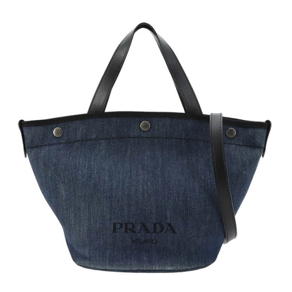 Prada 2-Way Tote Shoulder Bag Denim Leather Blue Black Small