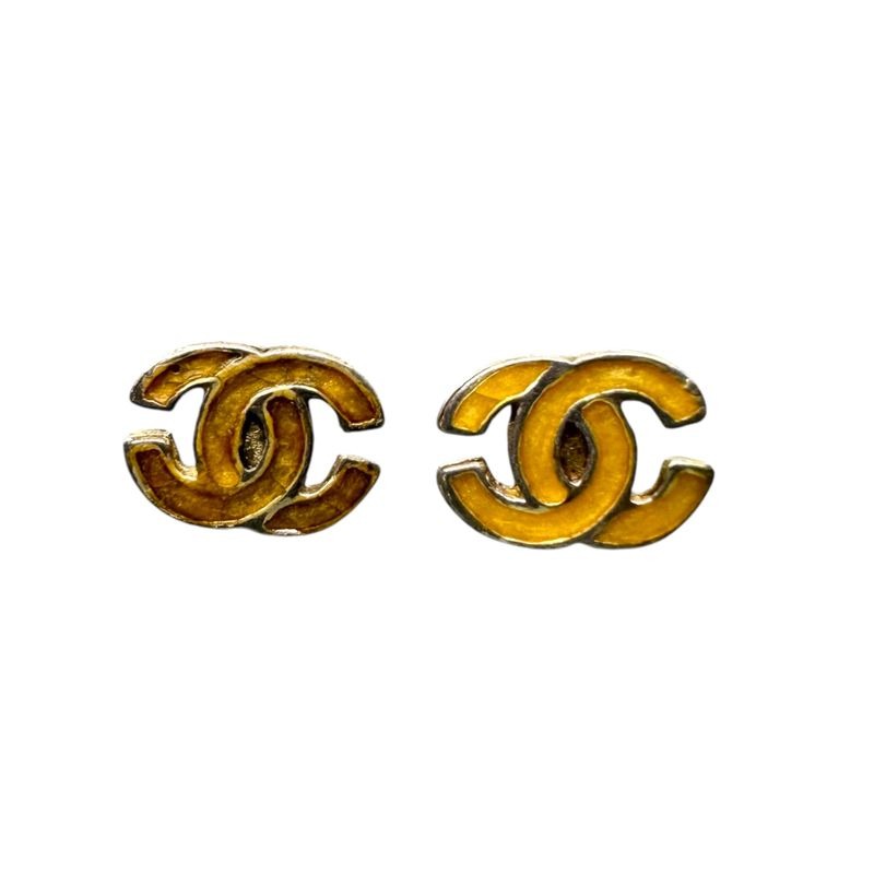 Chanel Coco Mark Pierced Earrings Vintage Yellow Silver