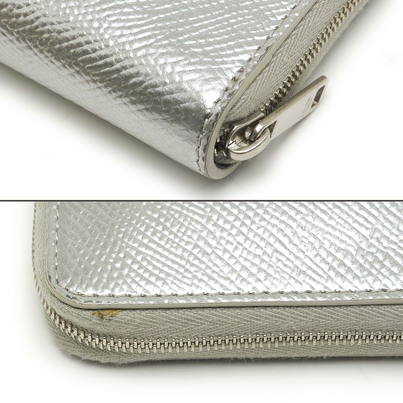 Celine Round Zip Long Wallet Shape Pressed Leather Metallic Silver Round Zipper
