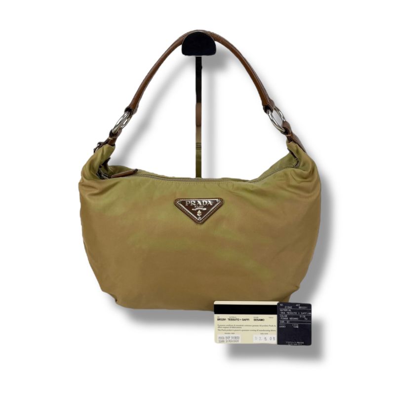 Prada One Shoulder Bag Triangle Logo Hobo Soho Khaki Brown Tessuto Nylon