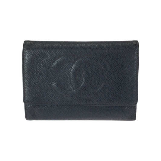 Chanel Vintage CC Logo Black Gold Caviar Leather Fold Wallet Compact