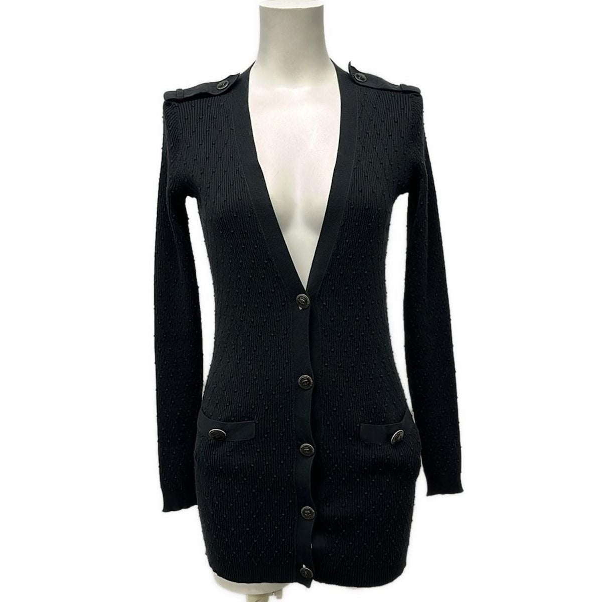 Chanel Cardigan 34 S Black Long Length Cotton Silk