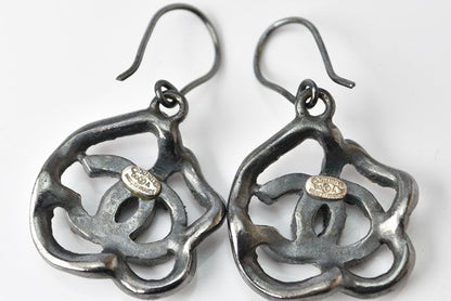 Chanel Earrings Camellia Motif With Coco Mark Rhinestones In Chrome Silver