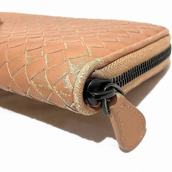 Bottega Veneta Intrecciato Beige Leather Round Zipper Wallet Long Wallet Women