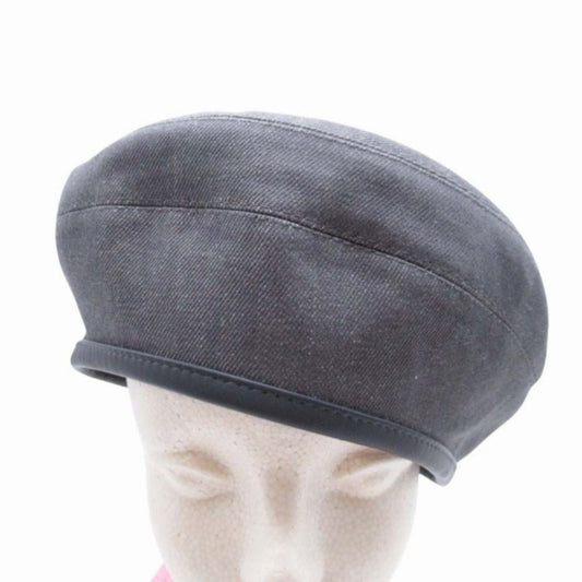 Hermes Gabrielle Beret Denim Leather Trim Series Button Hat Cap 58 cm Gray