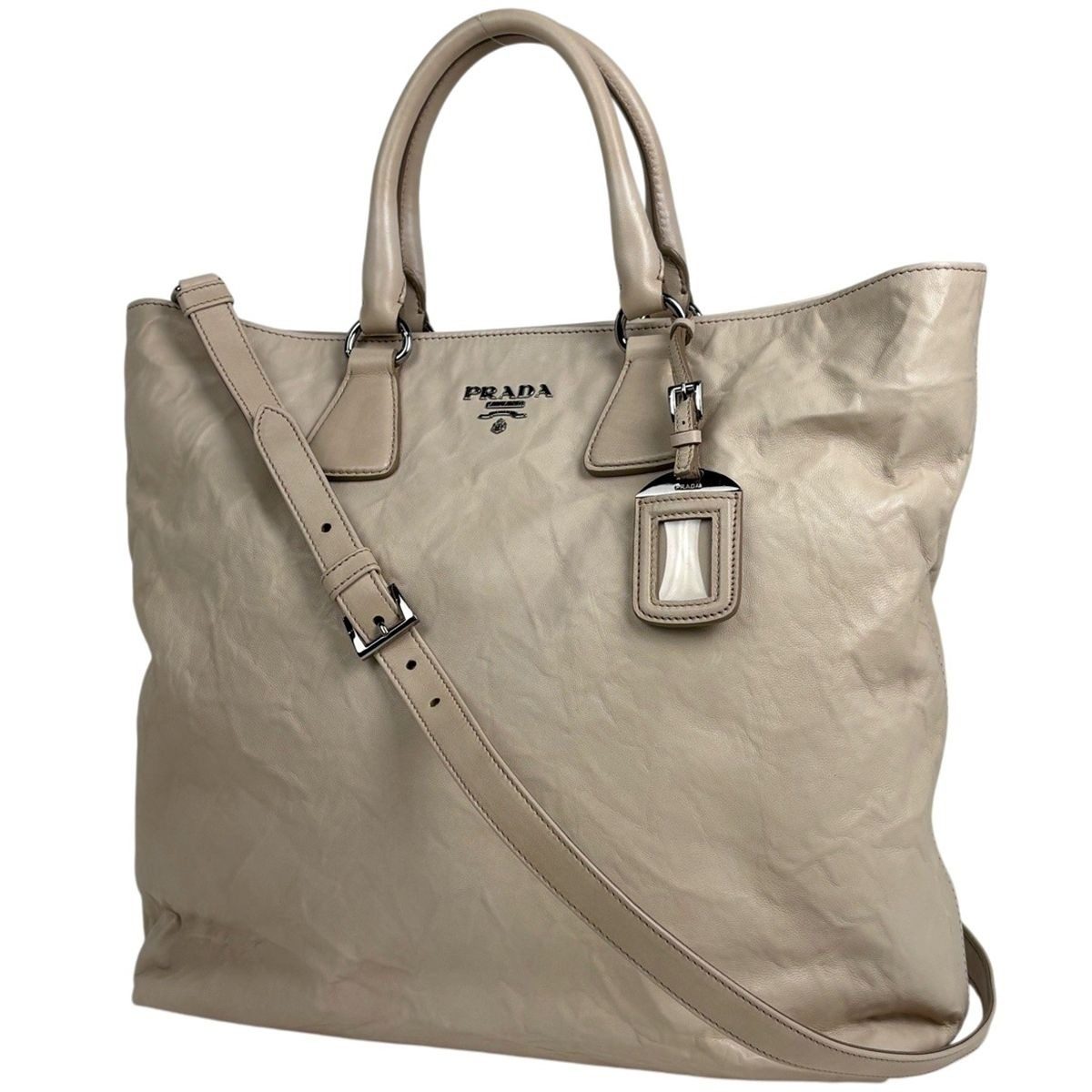 Prada Logo Tote 2-Way Shoulder Bag Leather Light Beige