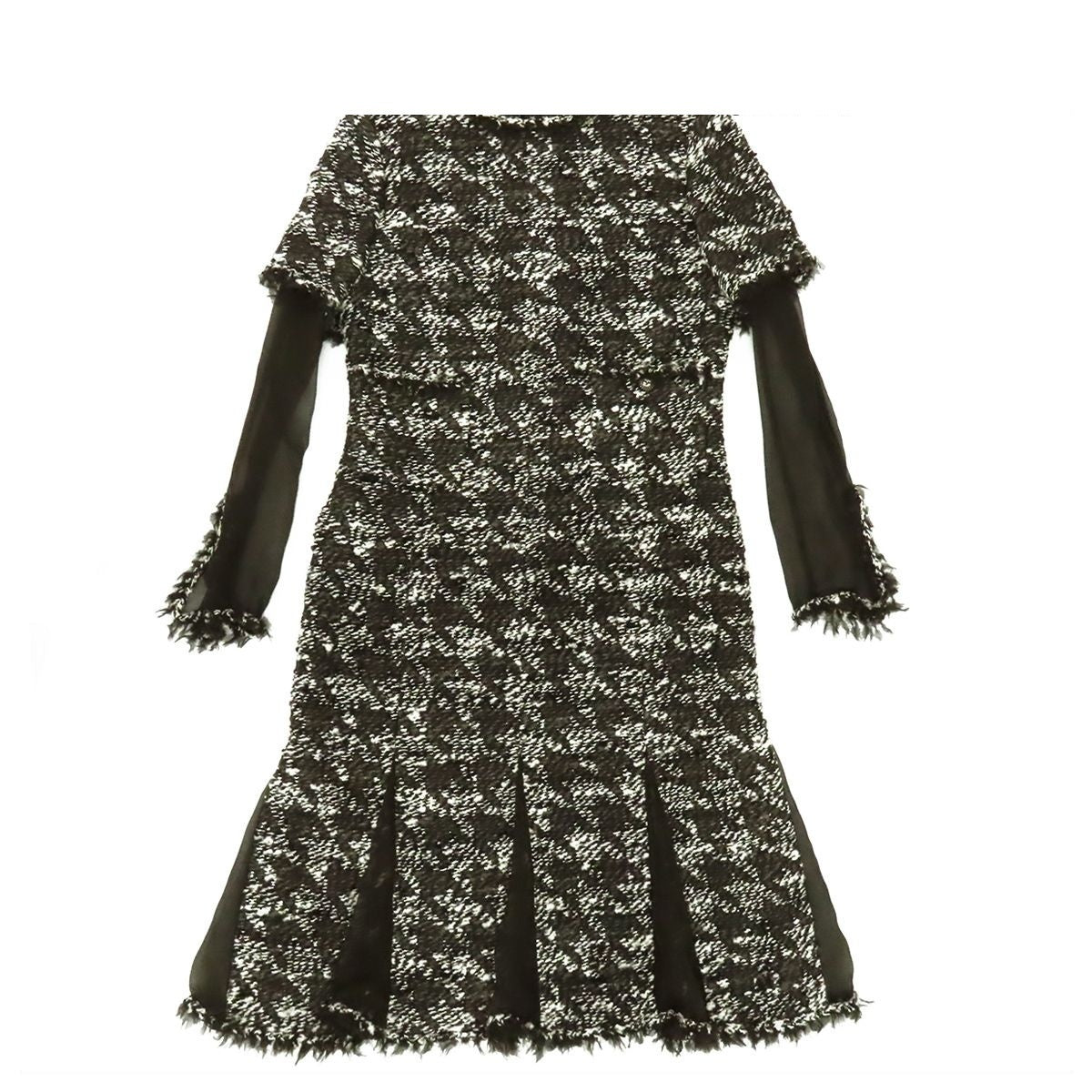 Chanel Tweed Sheer Combination Dress Black White Wool Crew Neck Length 05 a 40