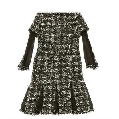 Chanel Tweed Sheer Combination Dress Black White Wool Crew Neck Length 05 a 40
