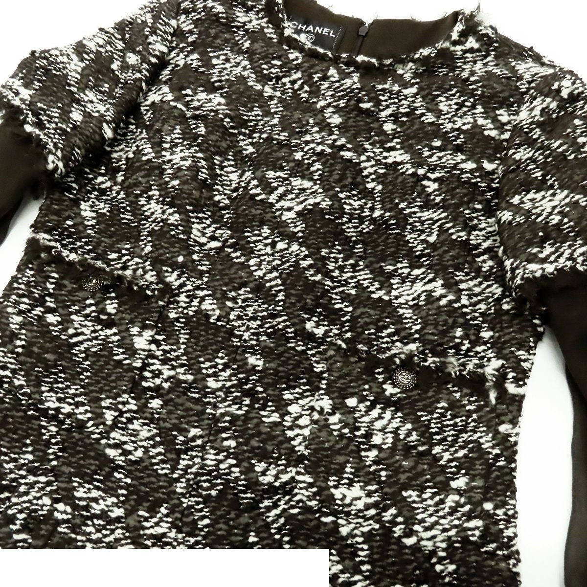 Chanel Tweed Sheer Combination Dress Black White Wool Crew Neck Length 05 a 40 — view 3