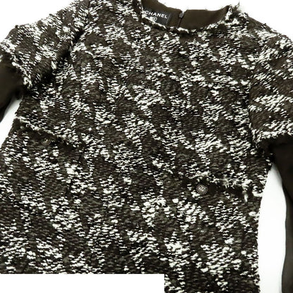 Chanel Tweed Sheer Combination Dress Black White Wool Crew Neck Length 05 a 40 — view 3