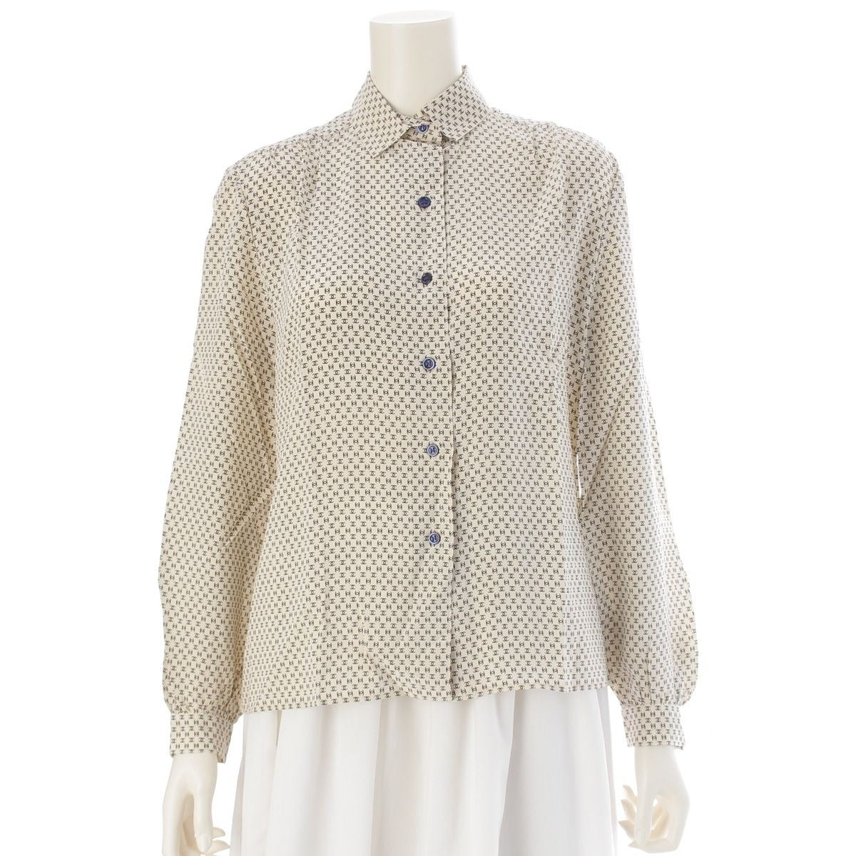 Chanel Silk Dead Stock CC Logo Monogram Long Sleeve Shirt Blouse Top Off White