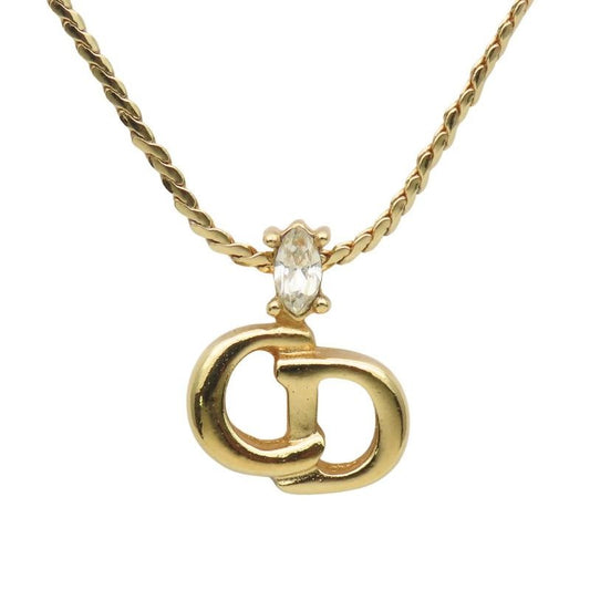Christian Dior Necklace CD Logo Metal Rhinestone Gold Accessory Plated GP