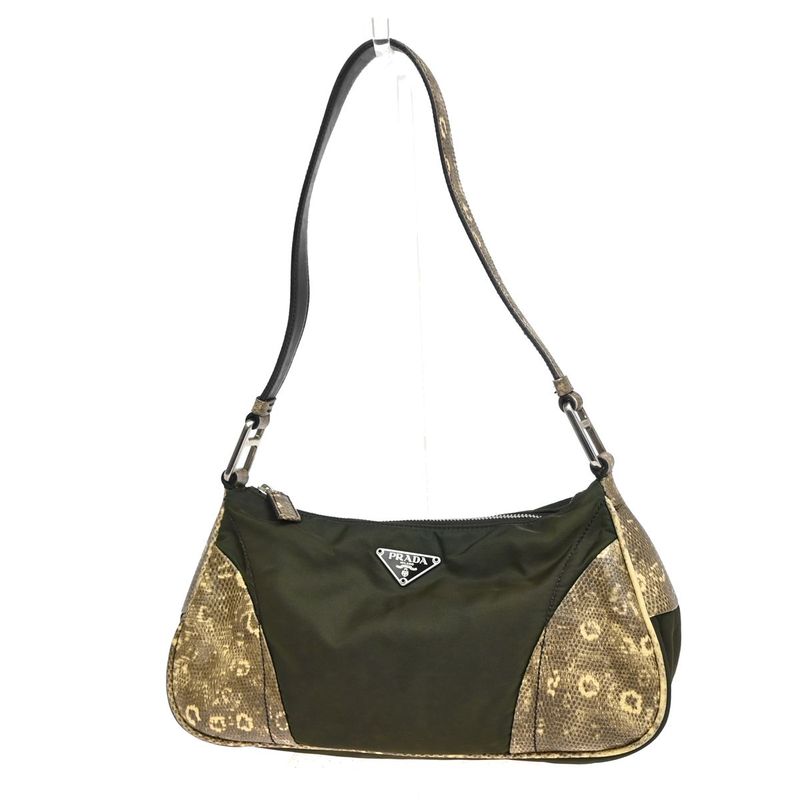 Prada Hand Shoulder Bag Khaki Nylon Leather 67bs306