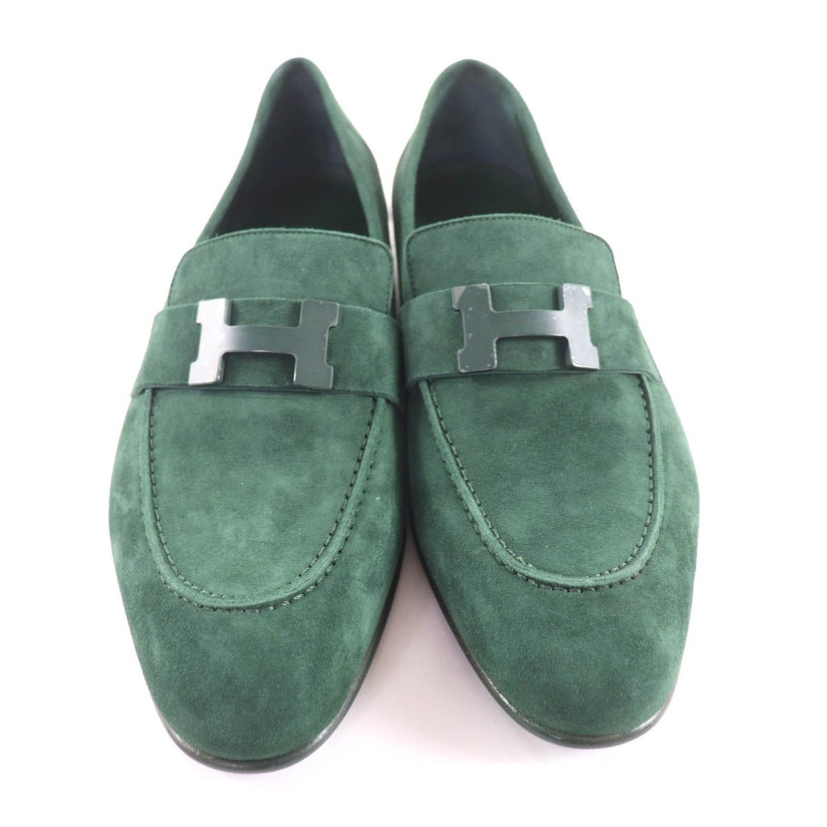 Hermes Suede Leather Constance Loafers Flat Shoes Green — view 3