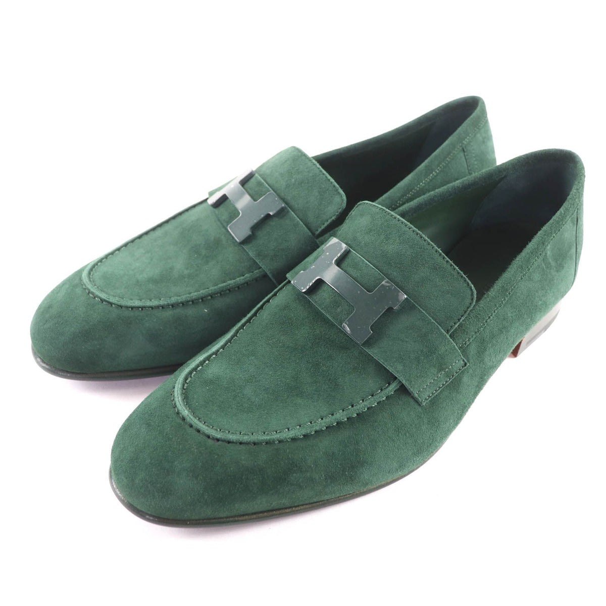 Hermes Suede Leather Constance Loafers Flat Shoes Green