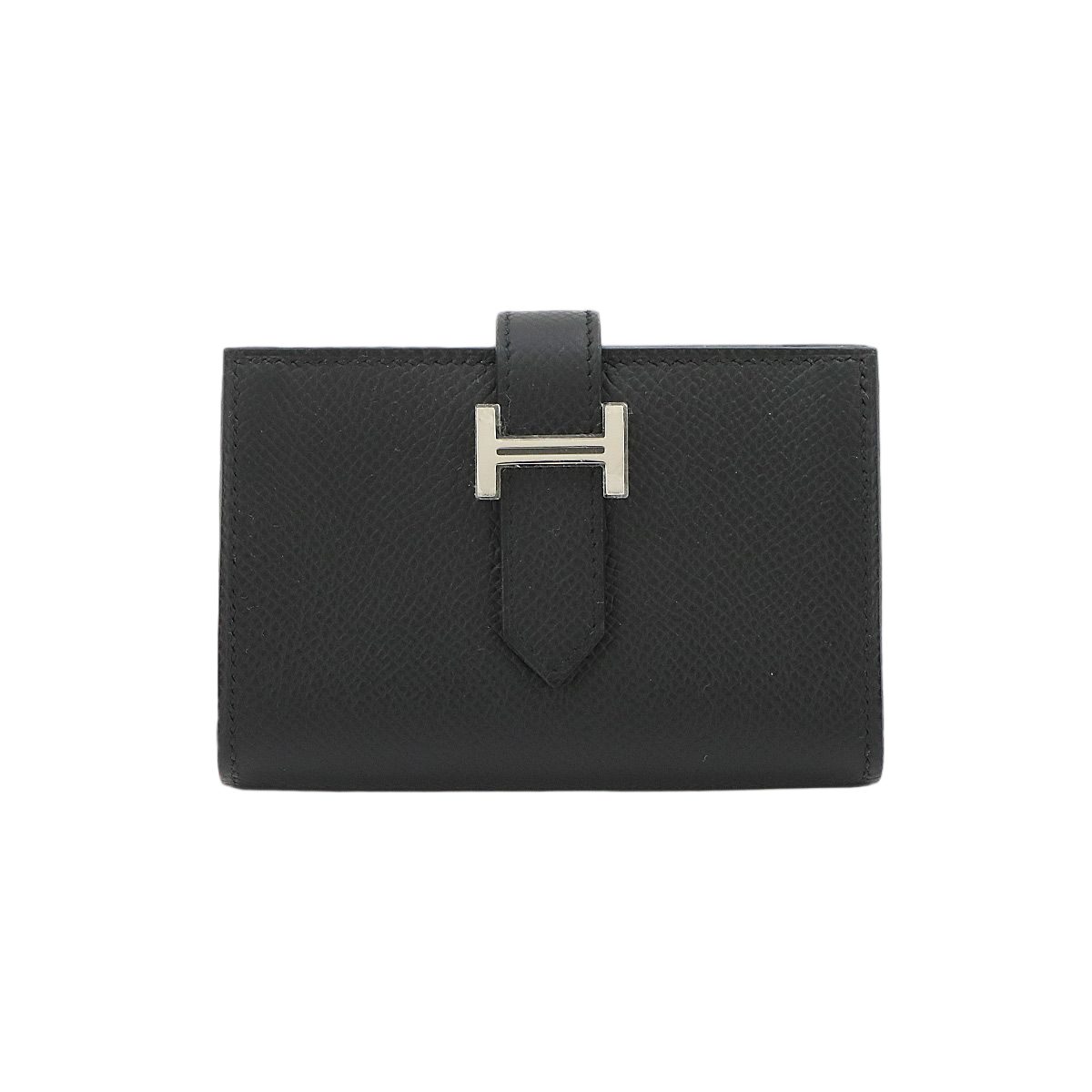 Hermes Bearn Mini Compact Coin Purse Card Case Epsom Black Silver