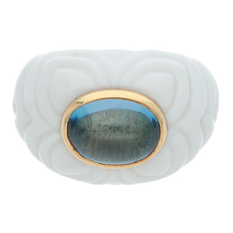 Bulgari Chandra 18K Yellow Gold Blue Topaz Ring Ladies Size 10