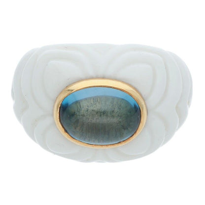 Bulgari Chandra 18K Yellow Gold Blue Topaz Ring Ladies Size 10