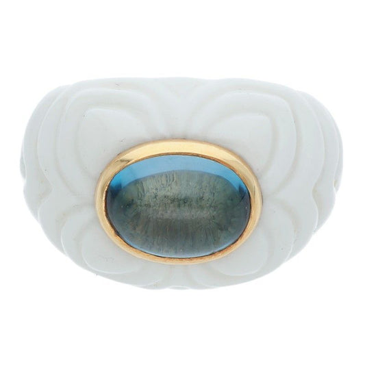 Bulgari Chandra 18K Yellow Gold Blue Topaz Ring Ladies Size 10