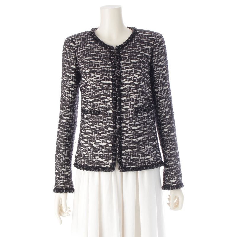 Chanel Wool Coco Mark Trimmed Collarless Jacket P39053 Black And White 34