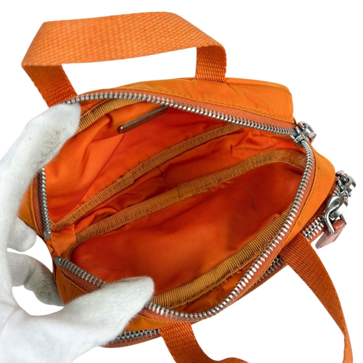Prada Triangle Logo Mini Handbag Pouch Tessuto Nylon Orange — view 9