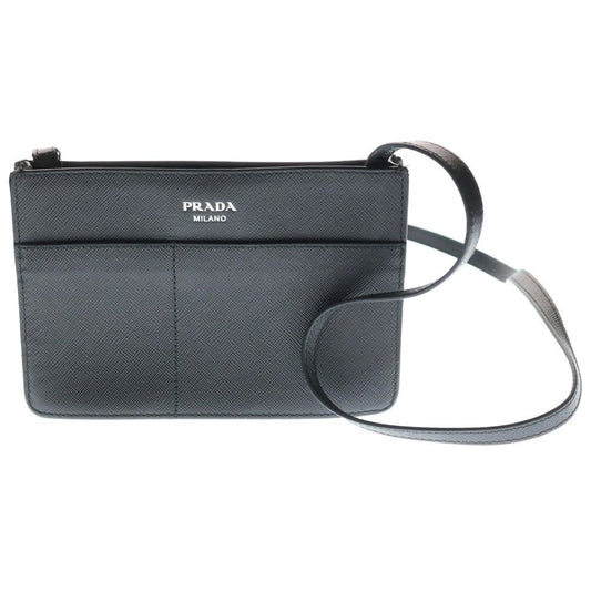 Prada Shoulder Back Saffiano Mini Bag Black Leather Silver