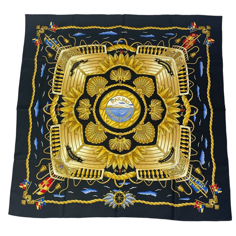 Hermes Carre 90 Railing Ship's Railings Scarf Silk Black