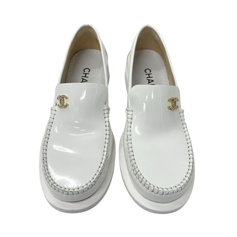 Chanel Loafer Leather Shoes Patent Leather White Gold Here Mark